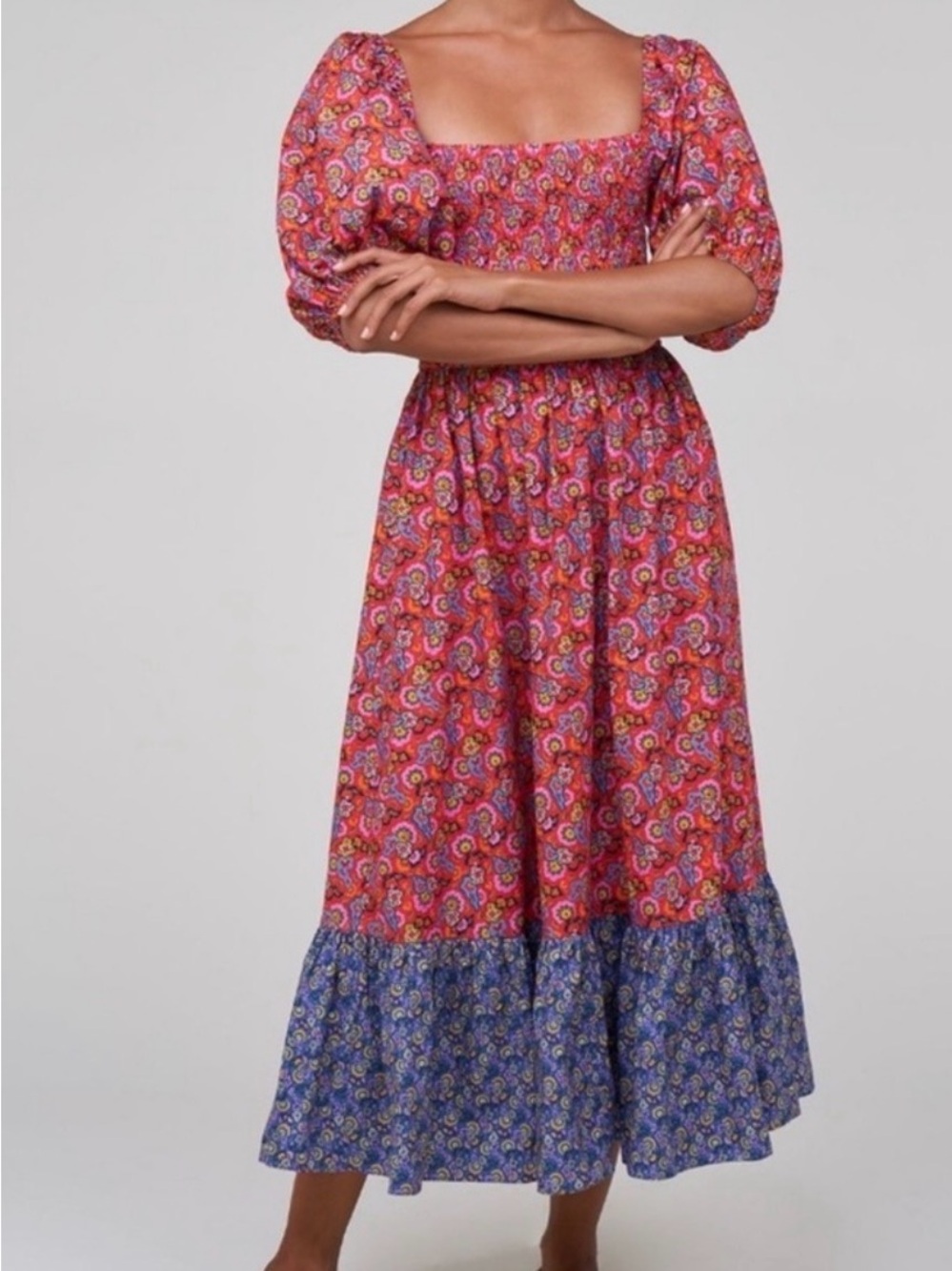 House Of Harlow 1960 Floral Midi Dress Smocked  Puff Sleeves Tiered Boho  Sz XS